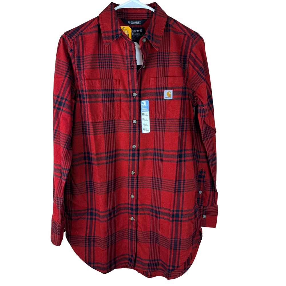 Carhartt Rugged Flex Relaxed Fit Plaid Flannel Shirt Red Black Womens XS